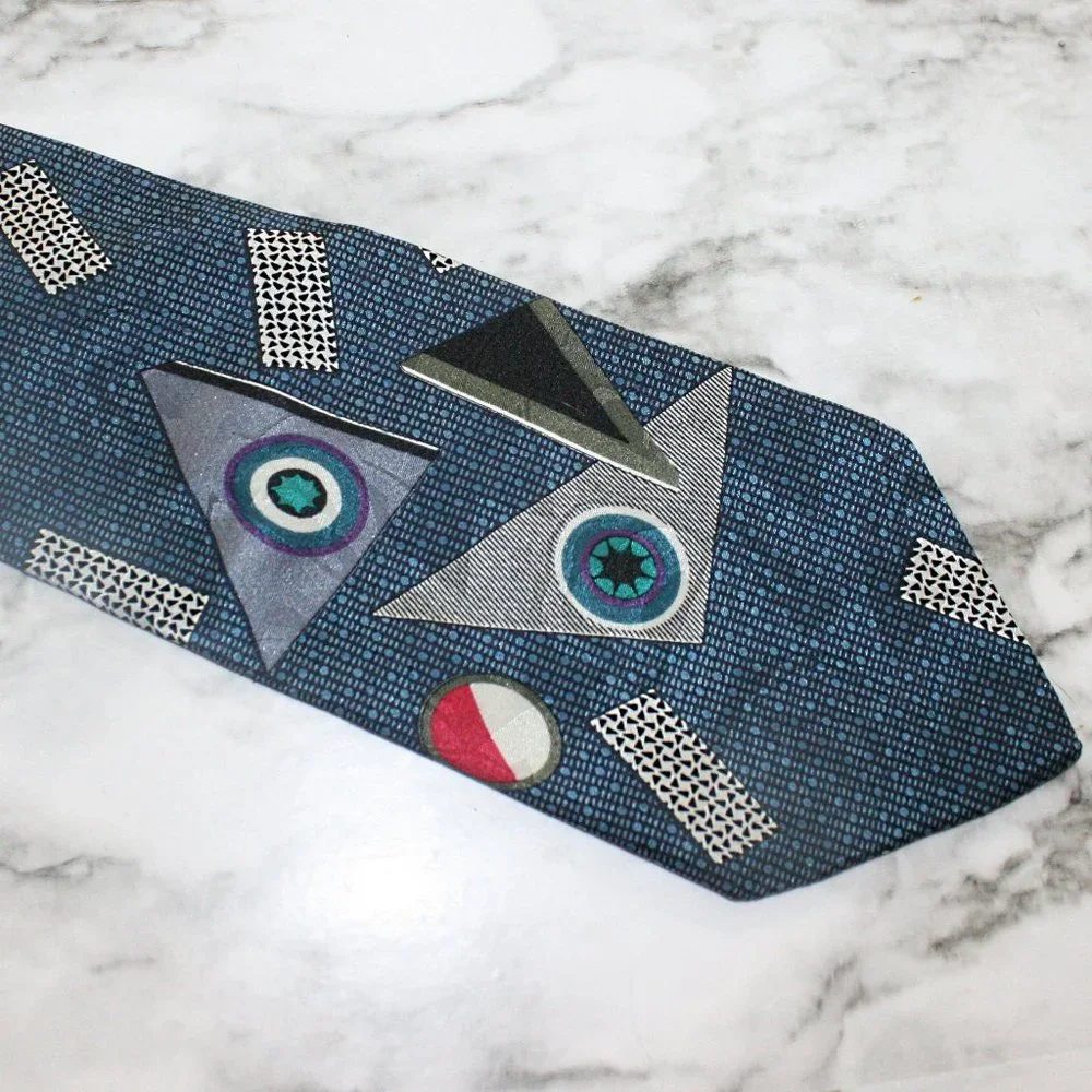 FERRACCI Neck Tie Retro Abstract Colorful Silk Blue Geometric Necktie Accessory